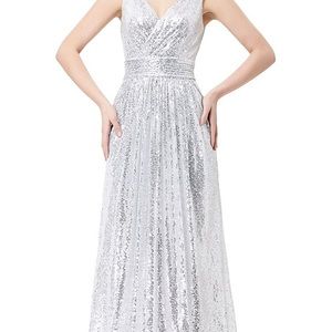 Silver Sequin Bridesmaid Dress Sleeveless Maxi Prom Evening Gown